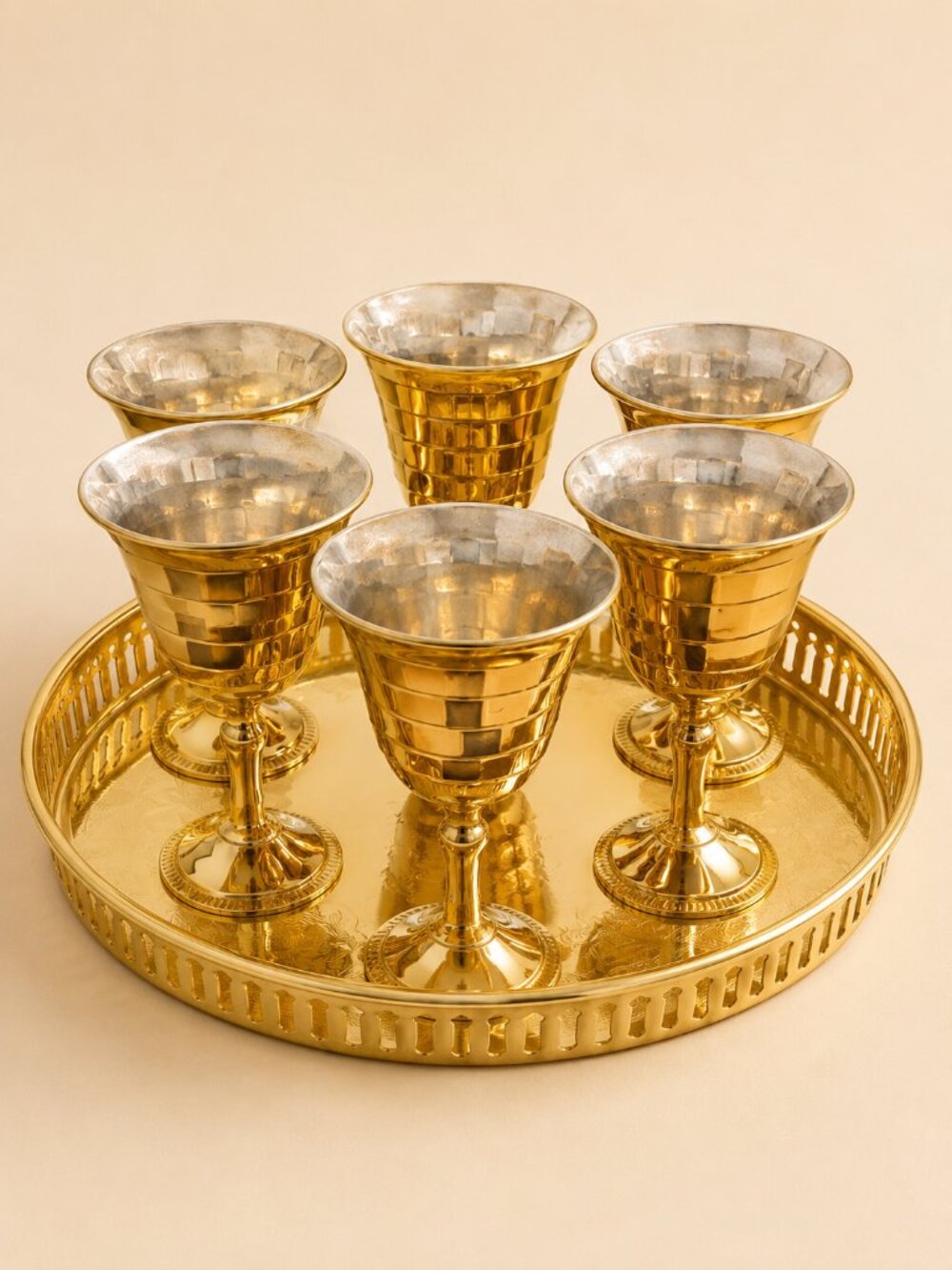 Brass Cordial Goblet Set Vintage Indian with Tray and Box.